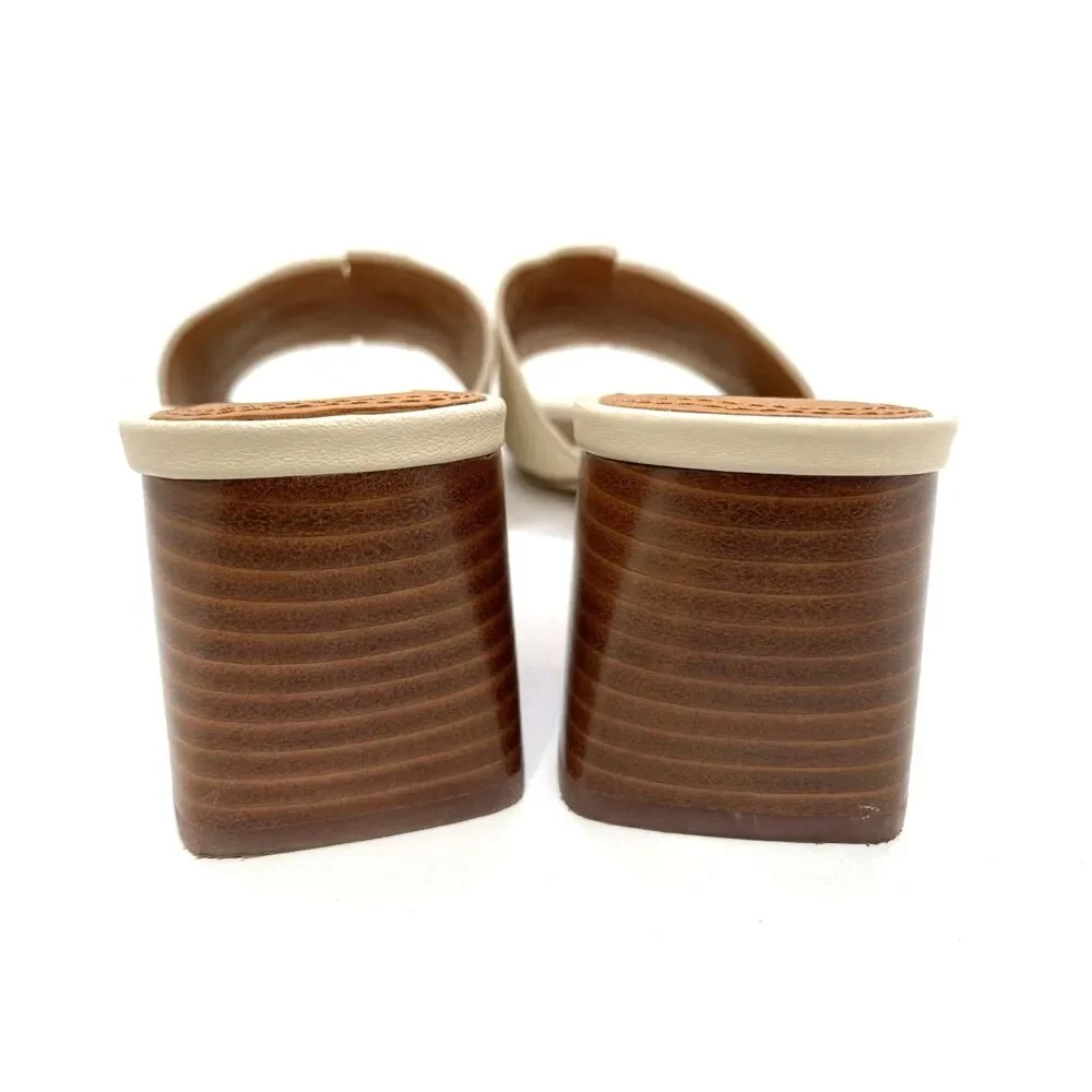 EUC Tory Burch Women's Ivory Leather Block Heel Slide Sandals Size 9M